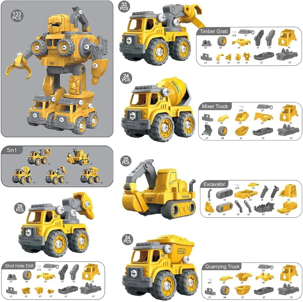 5-in-1 Construction Cars Transform Vehicle Robot