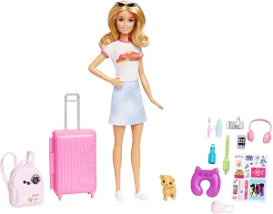 Barbie Doll and Accessories, “Malibu” Travel Set with Puppy and 10  Pieces Including Working Suitcase