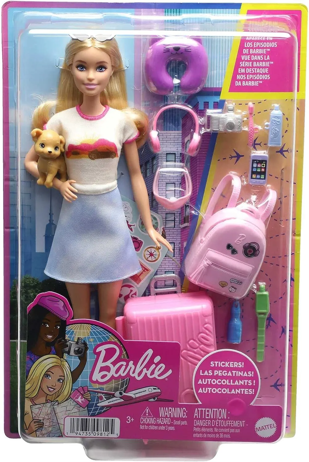 Barbie Doll and Accessories, “Malibu” Travel Set with Puppy and 10  Pieces Including Working Suitcase