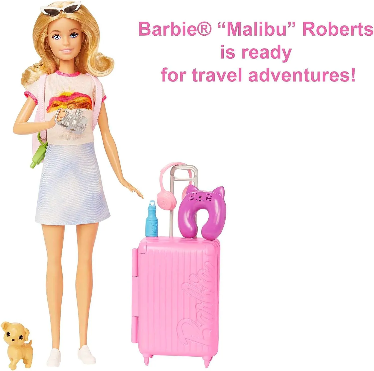 Barbie Doll and Accessories, “Malibu” Travel Set with Puppy and 10  Pieces Including Working Suitcase