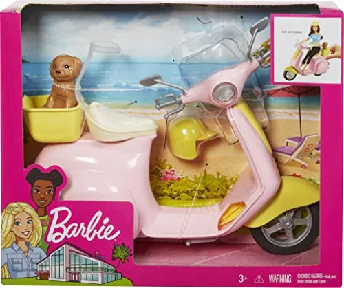 Barbie Estate Mo-Ped Motorbike with Pet Friend - Pink Scooter for Dolls Ages 3  (FRP56)