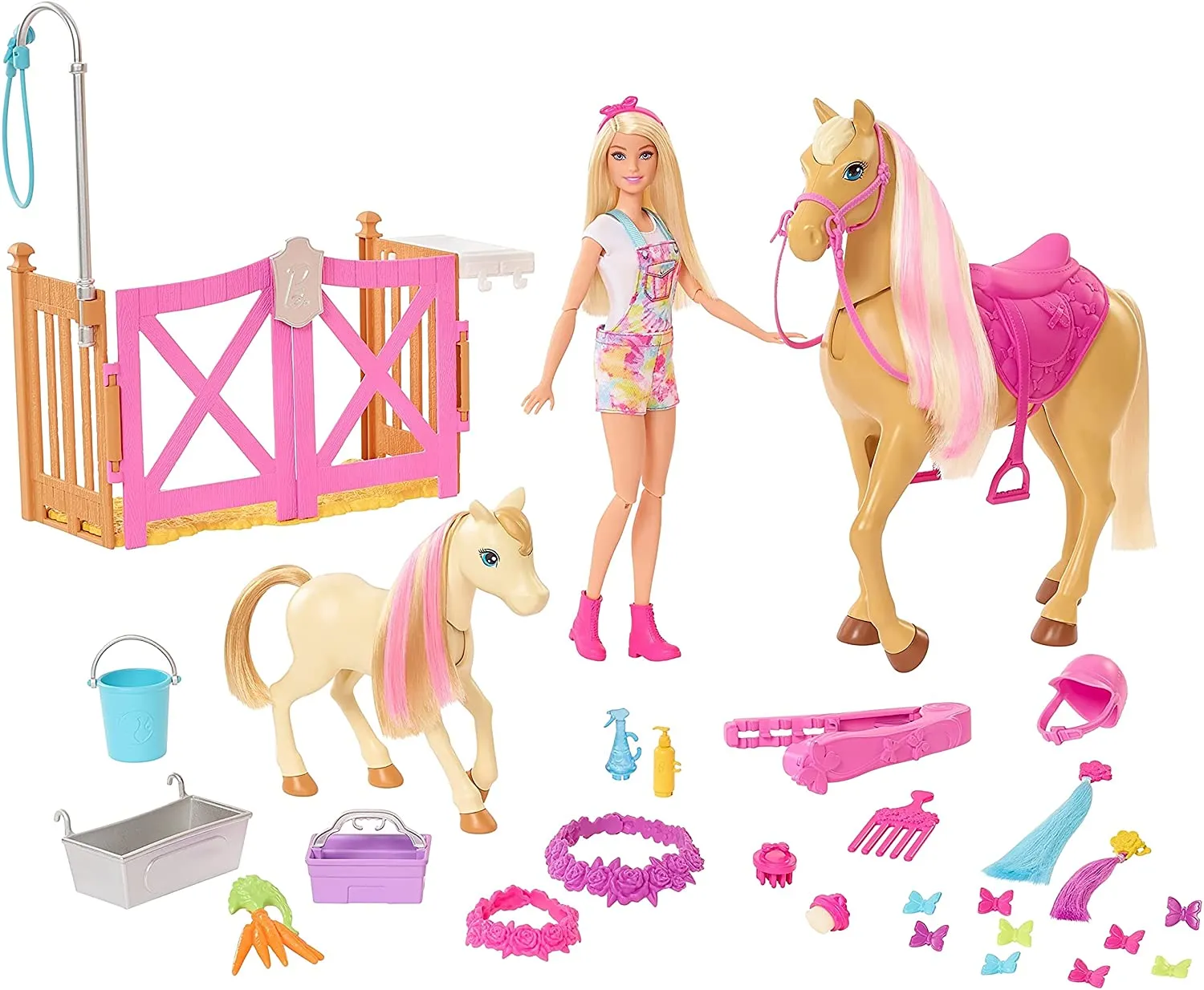 Barbie Groom 'n Care Horses Playset with Barbie Doll (Blonde 11.5-in), 2 Horses & 20  Grooming and Hairstyling Accessories