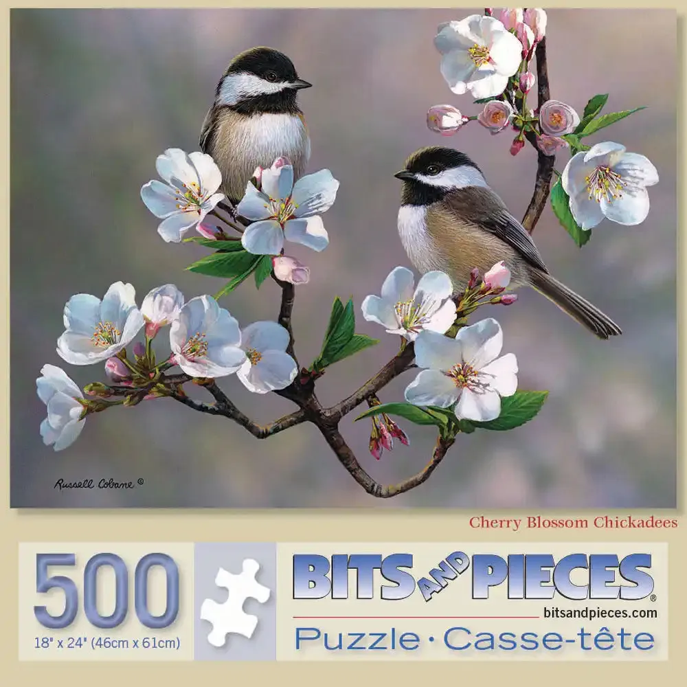 Cherry Blossom Chickadees Jigsaw Puzzle Bits and Pieces