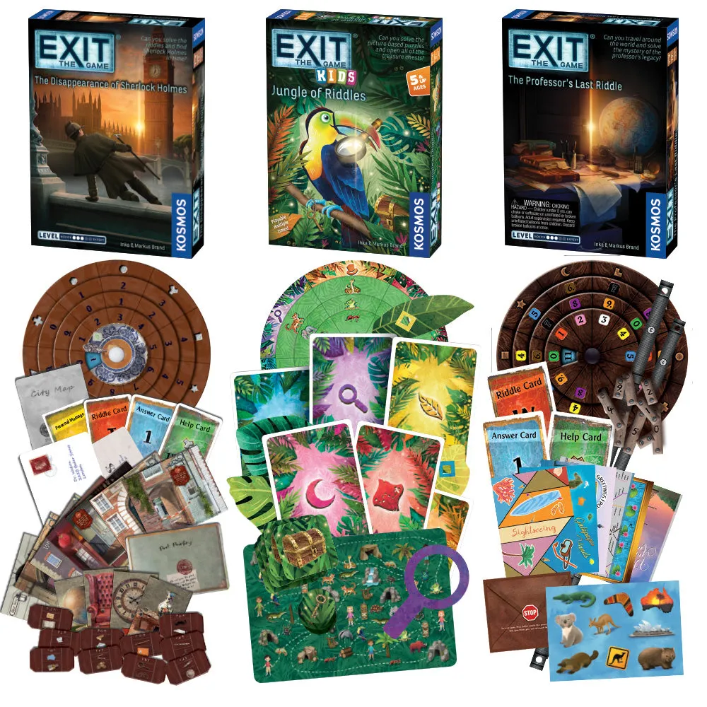 EXIT Game 3 Pack Bundle - EXIT: Kids - Jungle of RIddles | EXIT: The Professor's Last Riddle | EXIT: The Disappearance of Sherlock Holmes