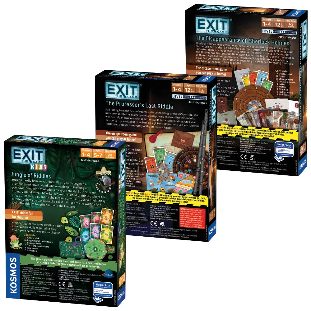 EXIT Game 3 Pack Bundle - EXIT: Kids - Jungle of RIddles | EXIT: The Professor's Last Riddle | EXIT: The Disappearance of Sherlock Holmes