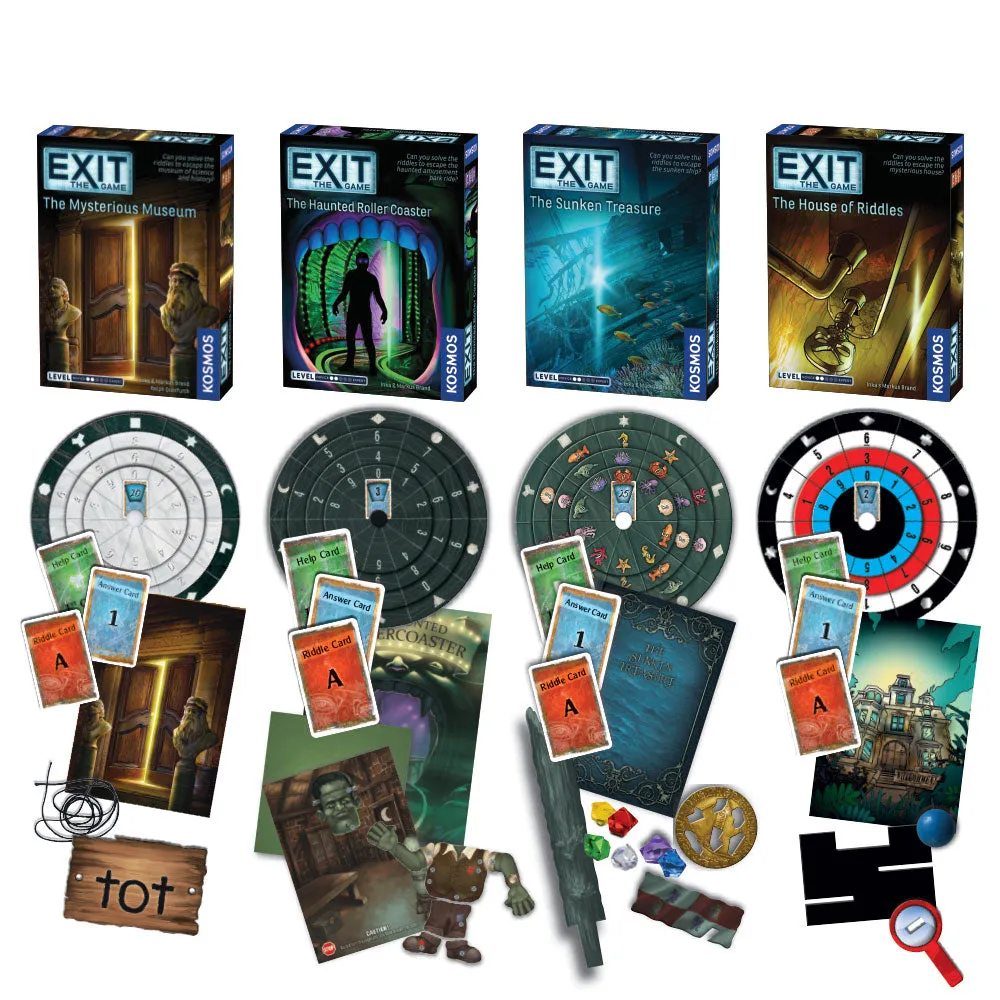 EXIT: The Game, Beginner Bundle. Four-Pack: The Haunted Roller Coaster, The Sunken Treasure, The Mysterious Museum, and The House of Riddles