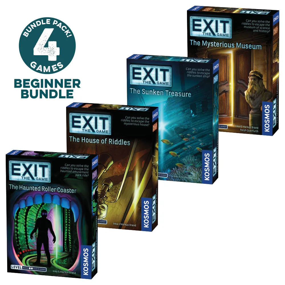 EXIT: The Game, Beginner Bundle. Four-Pack: The Haunted Roller Coaster, The Sunken Treasure, The Mysterious Museum, and The House of Riddles