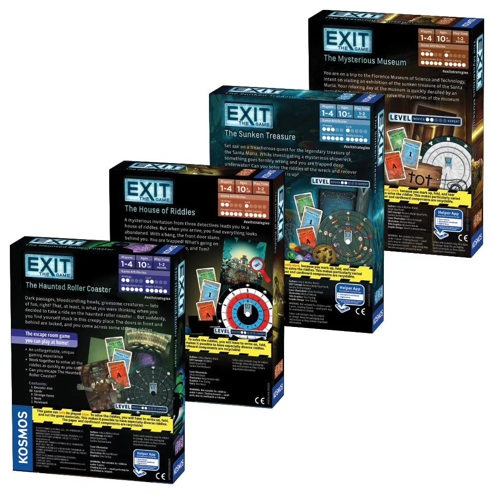 EXIT: The Game, Beginner Bundle. Four-Pack: The Haunted Roller Coaster, The Sunken Treasure, The Mysterious Museum, and The House of Riddles