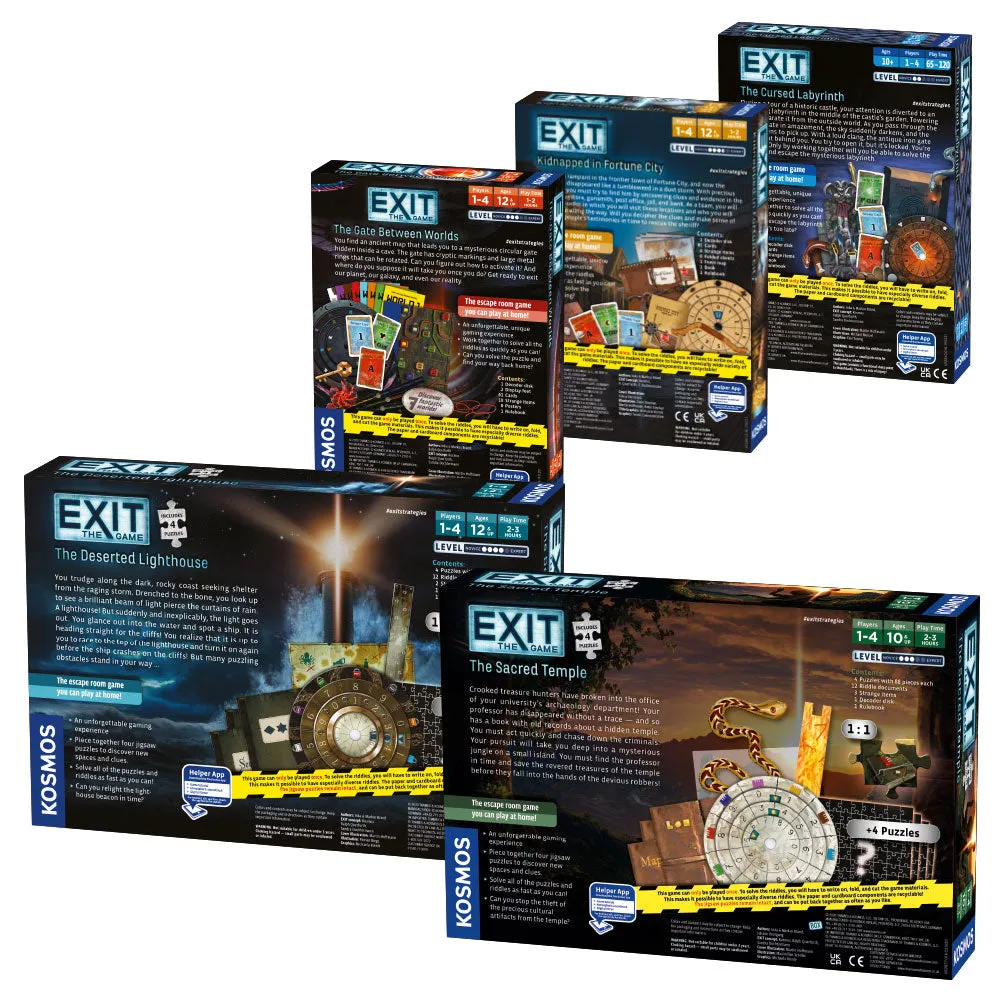 EXIT: The Game, Season 5 Bundle. Five-Pack: Gate Between Worlds, Cursed Labyrinth, Kidnapped in Fortune City, Sacred Temple, Deserted Lighthouse