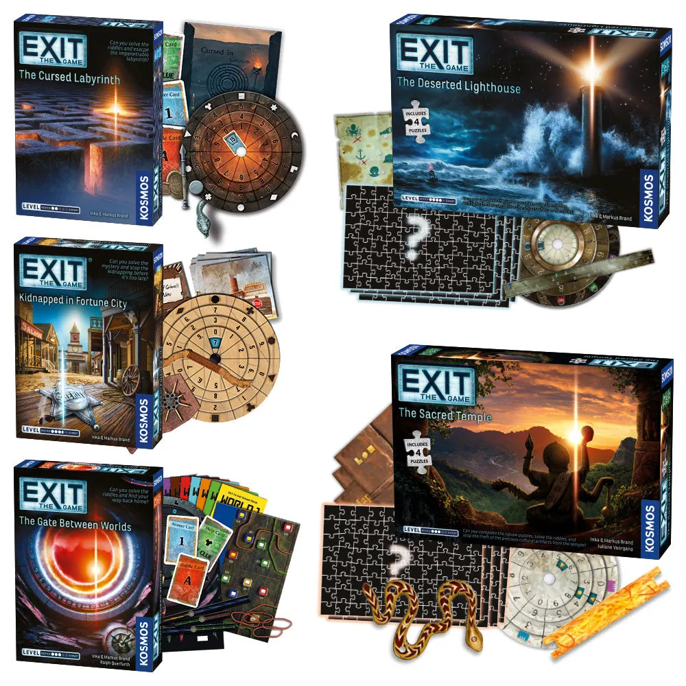 EXIT: The Game, Season 5 Bundle. Five-Pack: Gate Between Worlds, Cursed Labyrinth, Kidnapped in Fortune City, Sacred Temple, Deserted Lighthouse