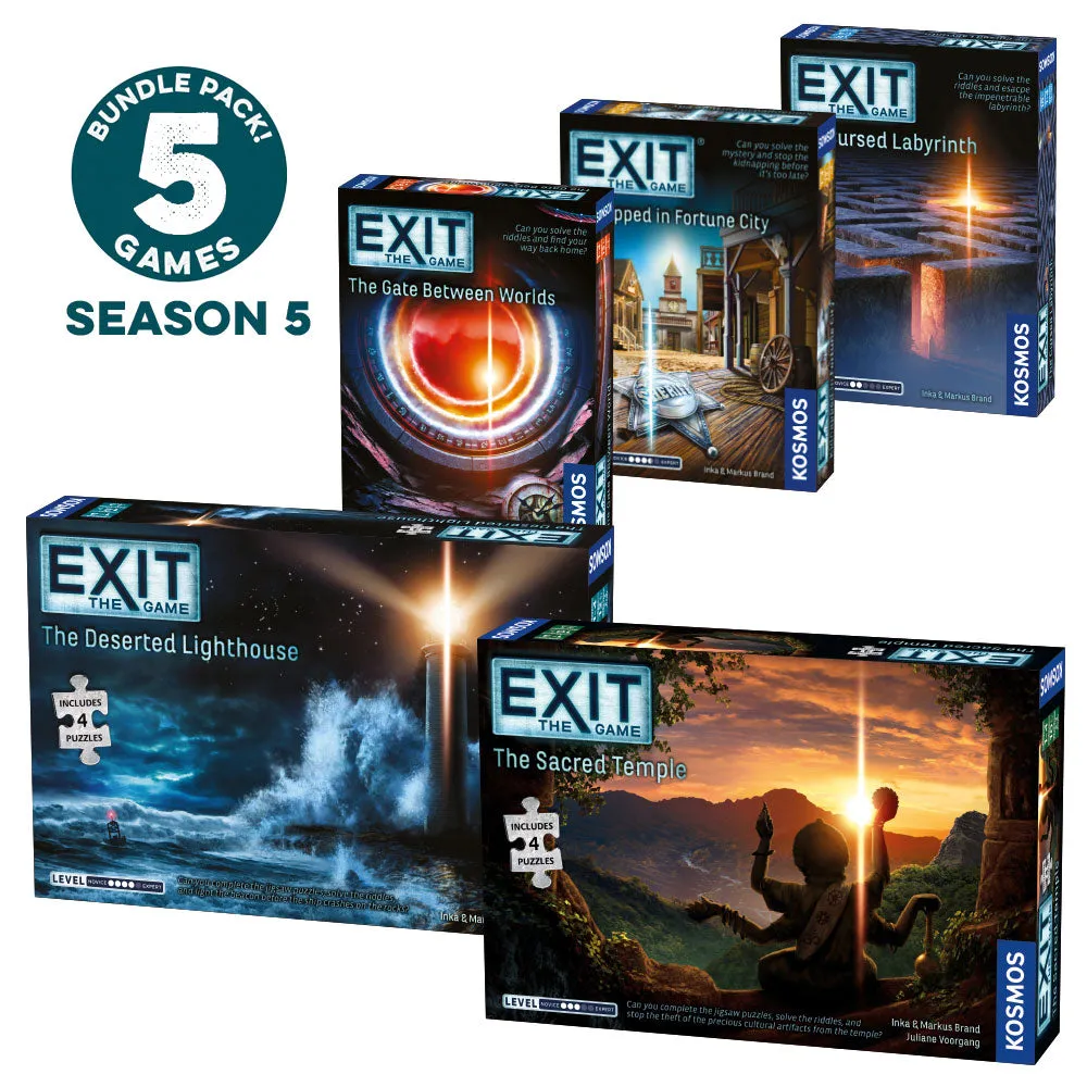 EXIT: The Game, Season 5 Bundle. Five-Pack: Gate Between Worlds, Cursed Labyrinth, Kidnapped in Fortune City, Sacred Temple, Deserted Lighthouse