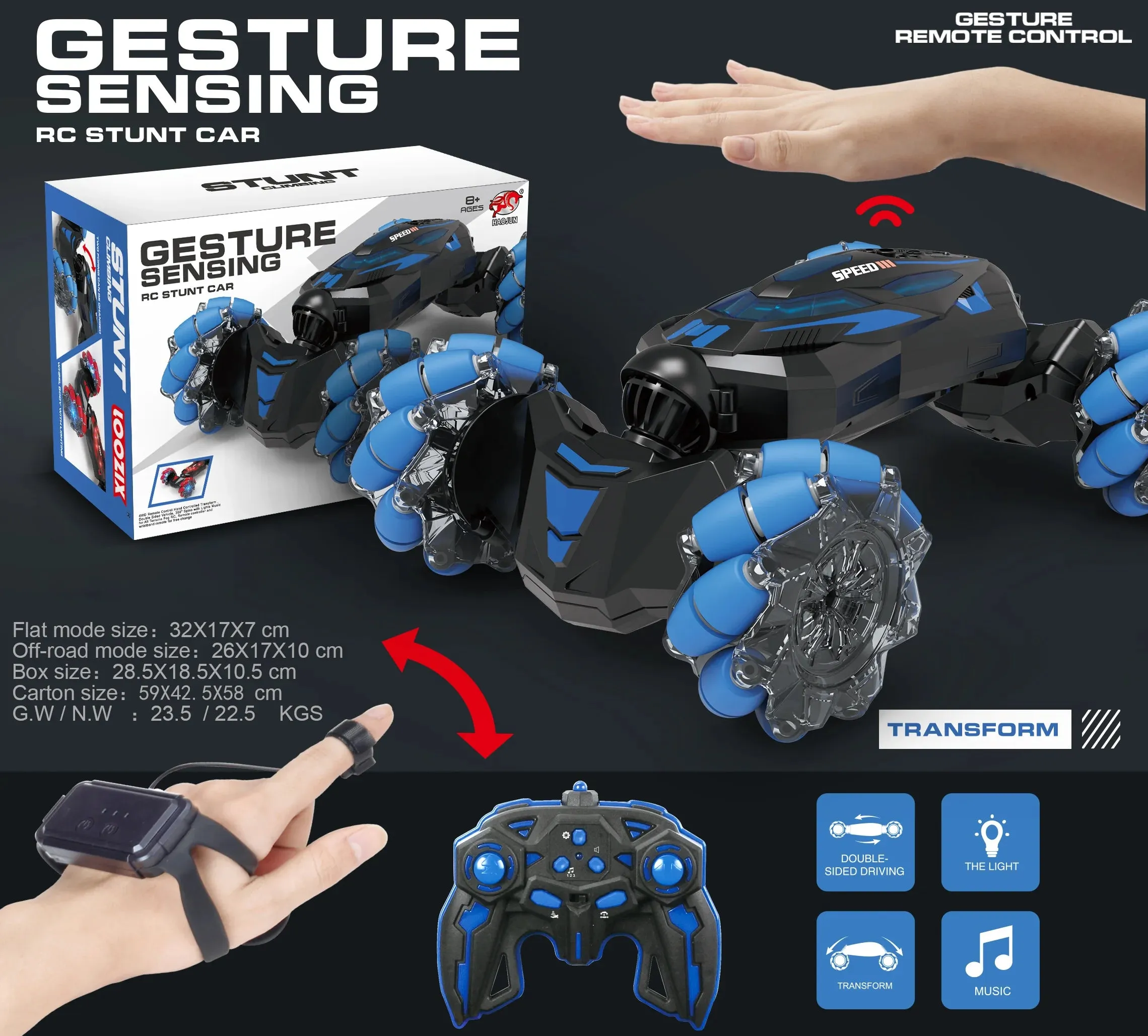 Gesture Sensing RC Transforming Stunt Car - Assorted Colours