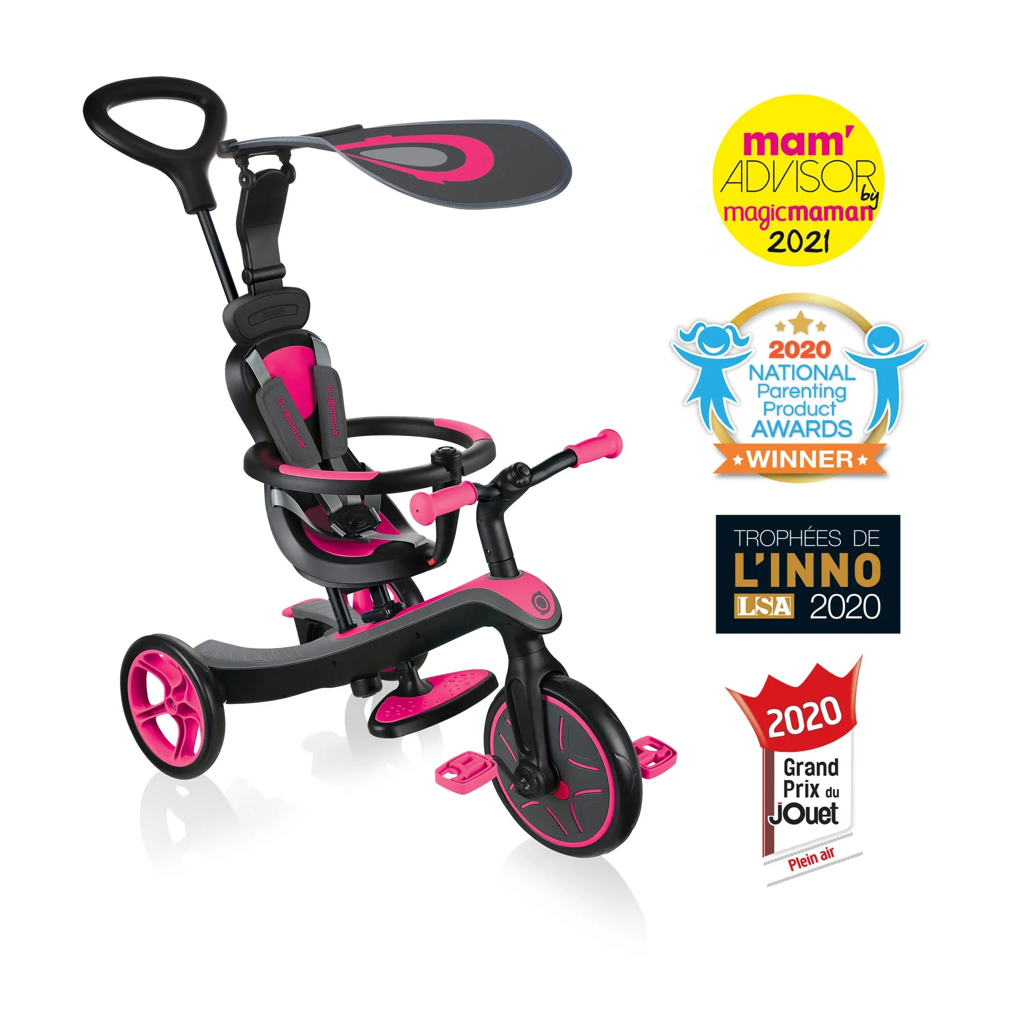 Globber Explorer Trike 4-In-1 - Fuchsia Pink (With Headrest) (10M - 5Y)