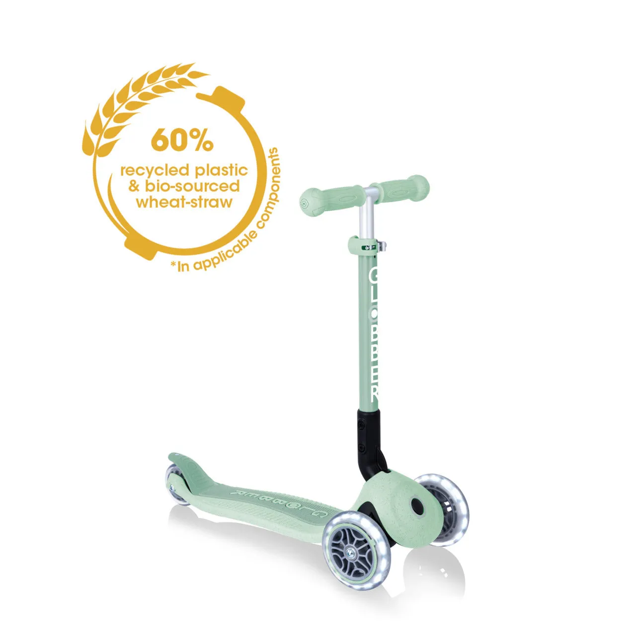 Globber Junior Foldable Lights Ecologic Scooter - Pistachio (New Handlebar Grips) (2Y )