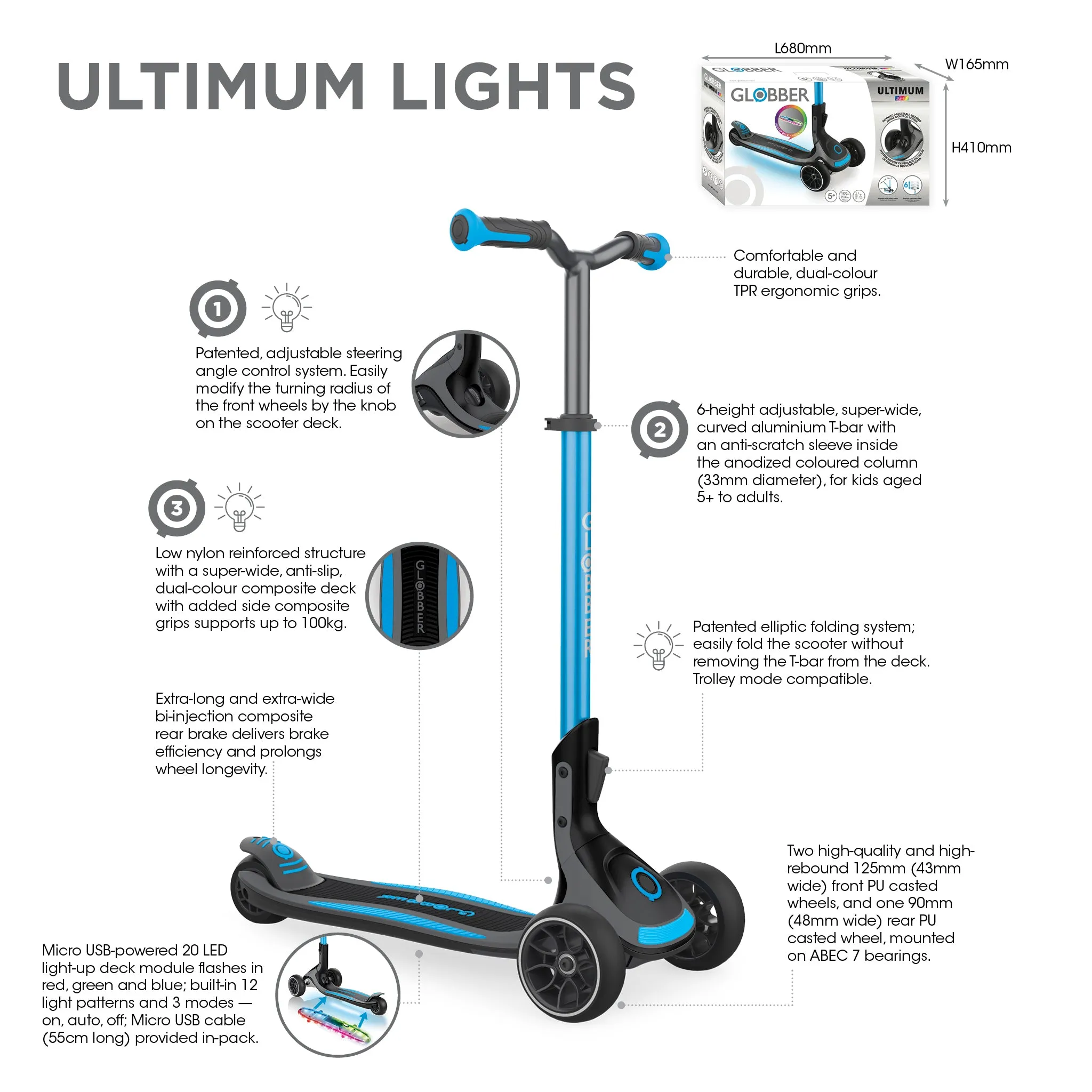 Globber Ultimum Lights Foldable Scooter - Black / Charcoal Grey (5Y )