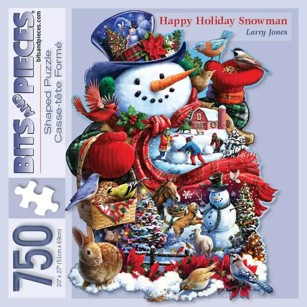 Happy Holiday Snowman Shaped Jigsaw Puzzle Bits and Pieces