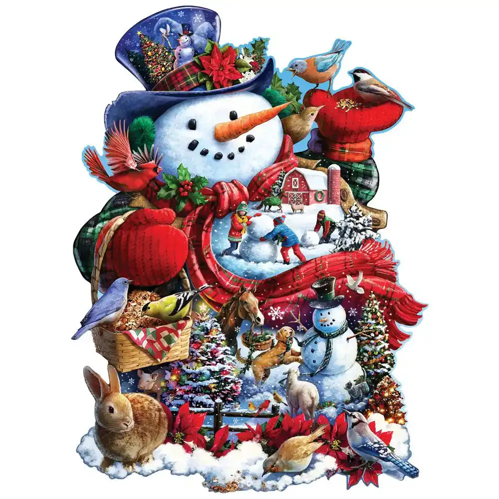 Happy Holiday Snowman Shaped Jigsaw Puzzle Bits and Pieces