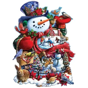 Happy Holiday Snowman Shaped Jigsaw Puzzle Bits and Pieces