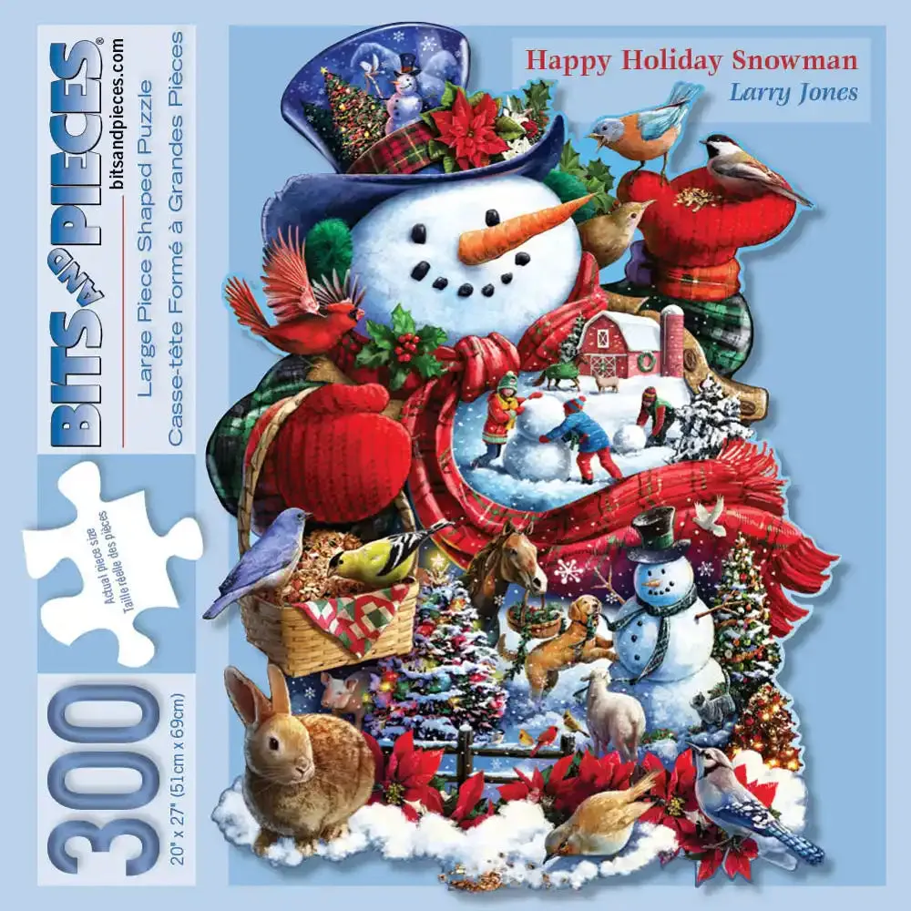 Happy Holiday Snowman Shaped Jigsaw Puzzle Bits and Pieces