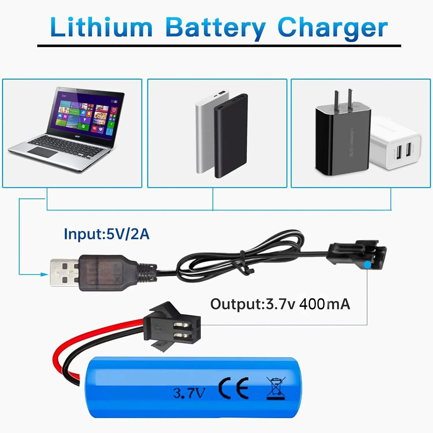 Lithium USB Battery Charger 3.7V 400mA 2-PIN