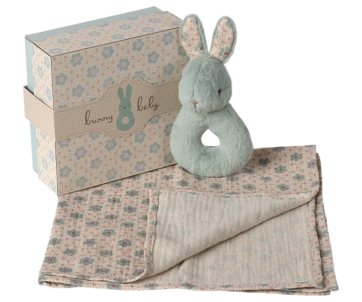 Maileg Bunny Rattle & Burb Cloth Set - Mint Odin Parker