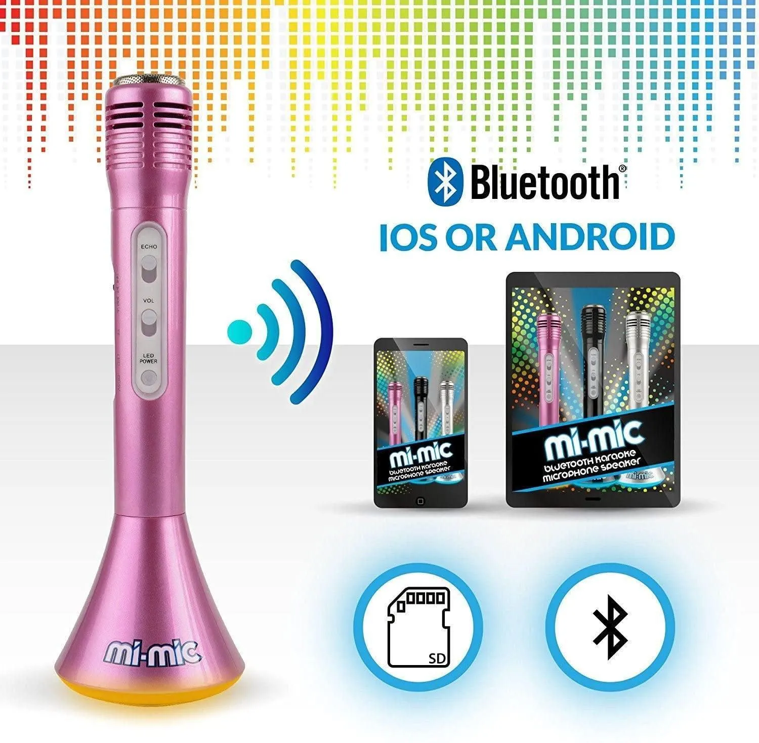 MI-MIC Karaoke Microphone Speaker with Wireless Bluetooth and LED Lights, Pink