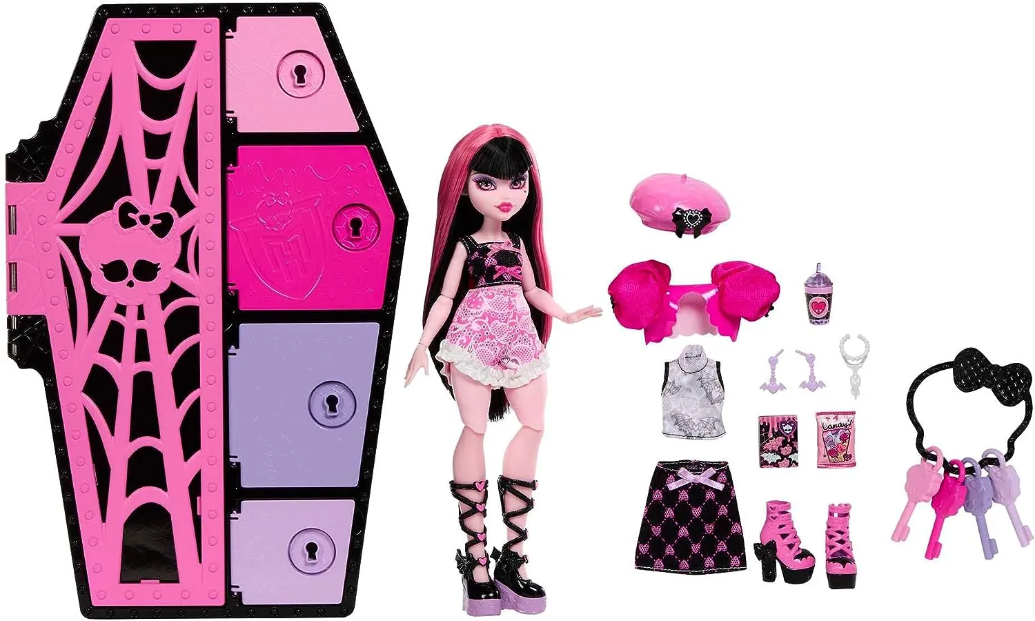 Monster High Doll and Fashion Set, Draculaura with Dress-Up Locker and 19  Surprises