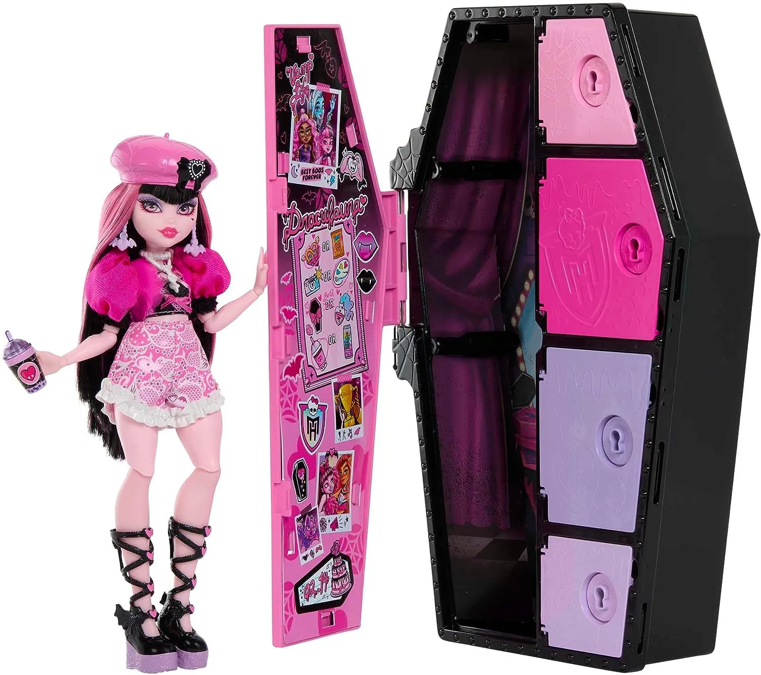 Monster High Doll and Fashion Set, Draculaura with Dress-Up Locker and 19  Surprises