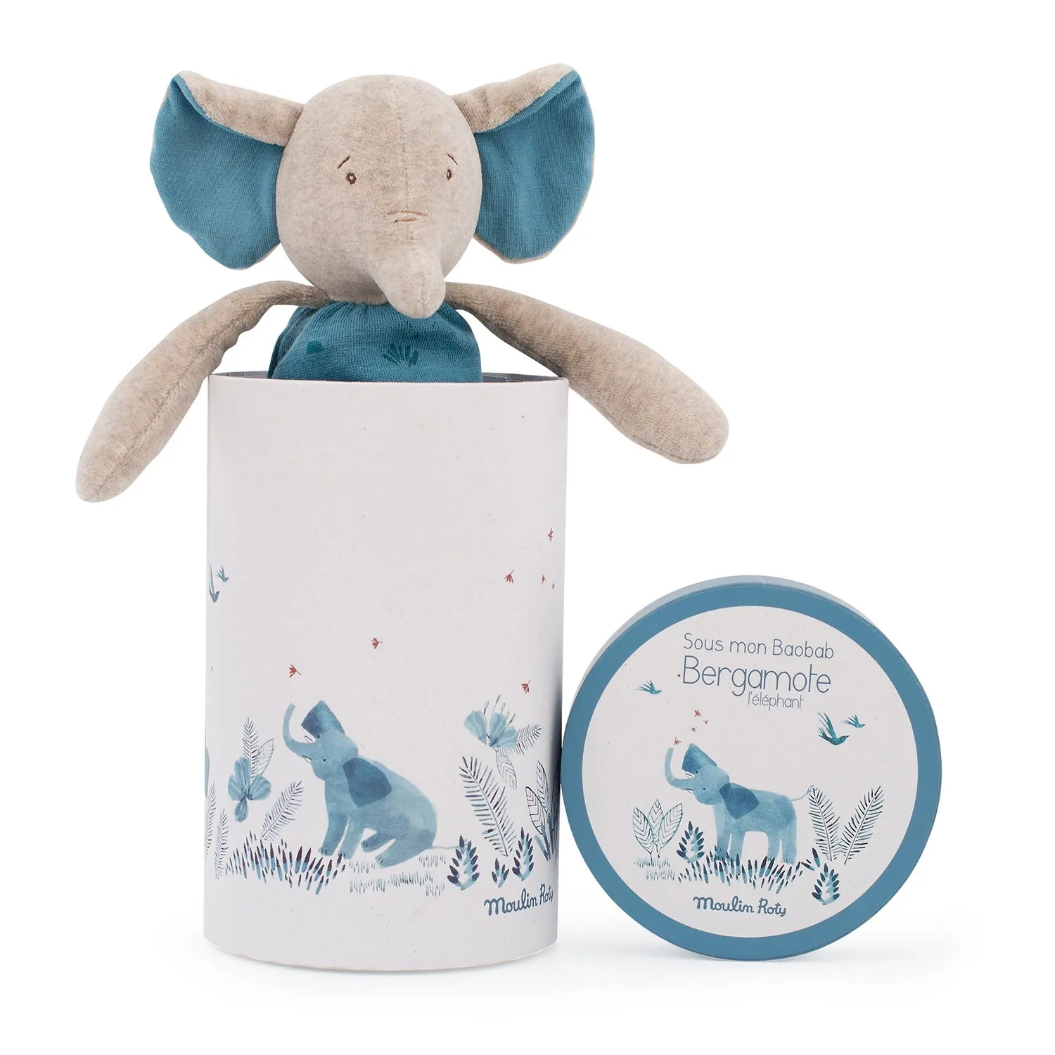 Moulin Roty Sous Mon Baobab Bergamotte The Elephant 37cm in Round Gift Box