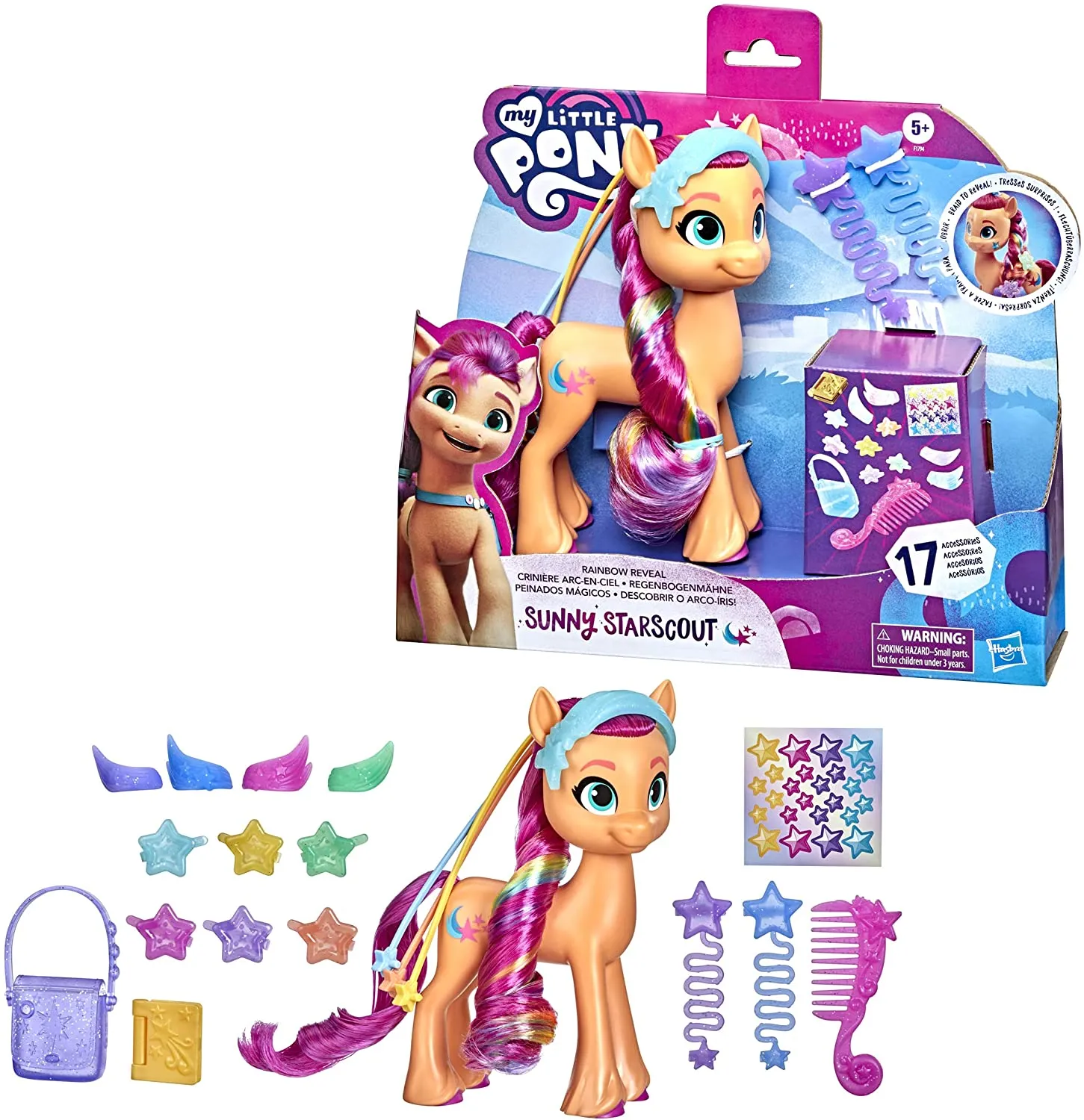 My Little Pony: A New Generation Rainbow Reveal Sunny Starscout - 6-Inch Orange Pony Toy with Rainbow Braid, 17 Accessories, F1794