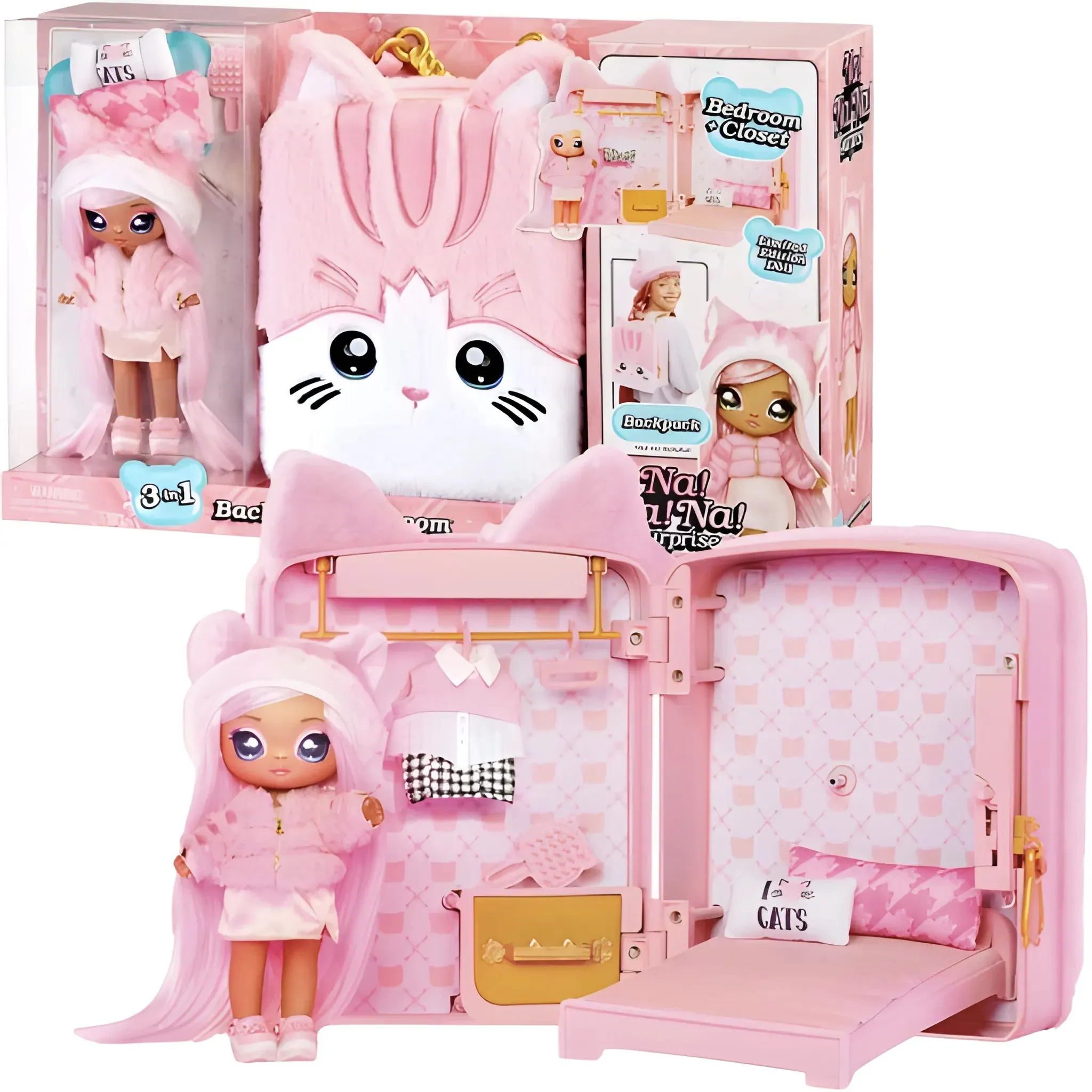 Na! Na! Na! Surprise 3-in-1 Backpack Bedroom Pink Kitty Playset