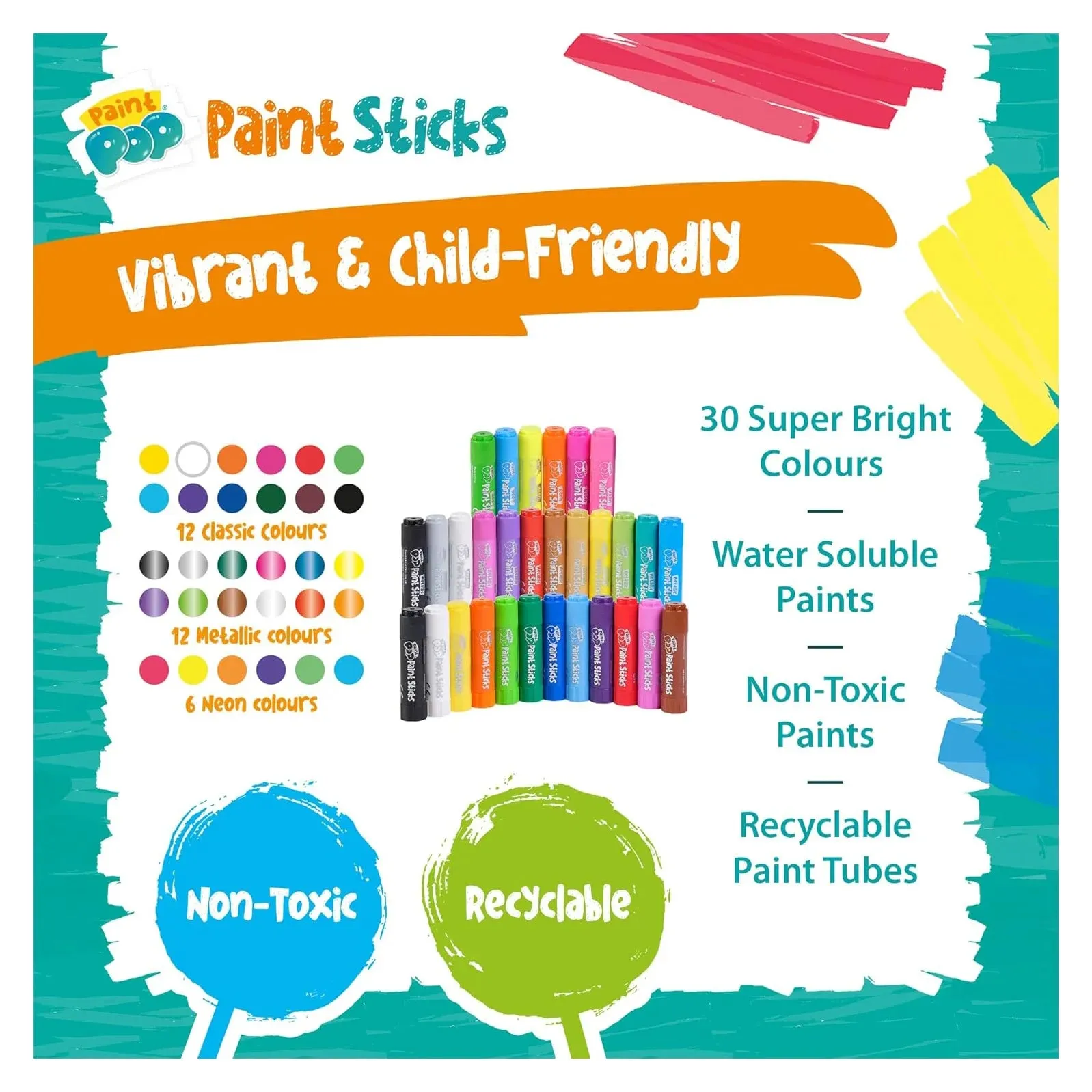 Paint Pop Paint Sticks For Kids - 30 Pack Giant Tube