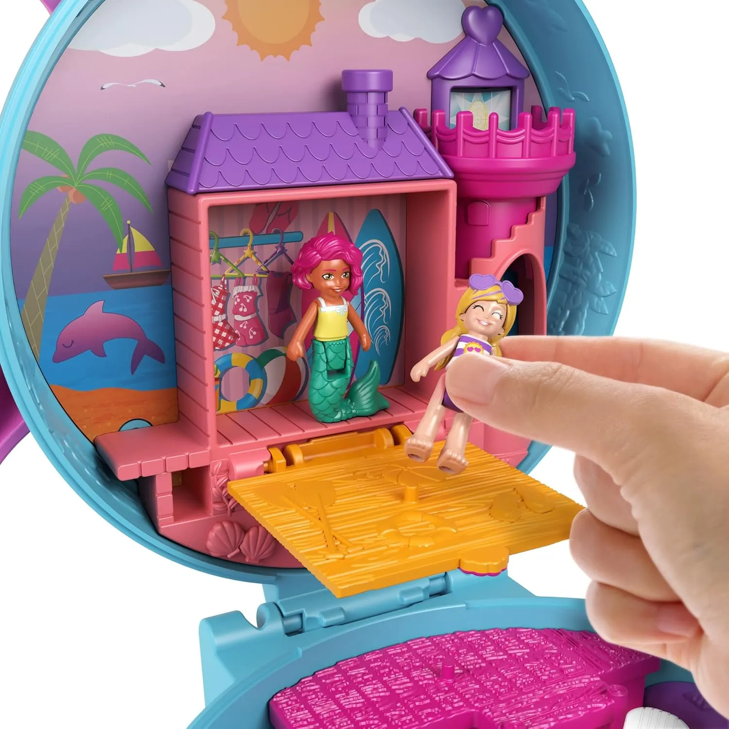 Polly Pocket Dolphin Beach Compact Playset with Micro Polly & Mermaid Doll, 5 Reveals & 13 Accessories
