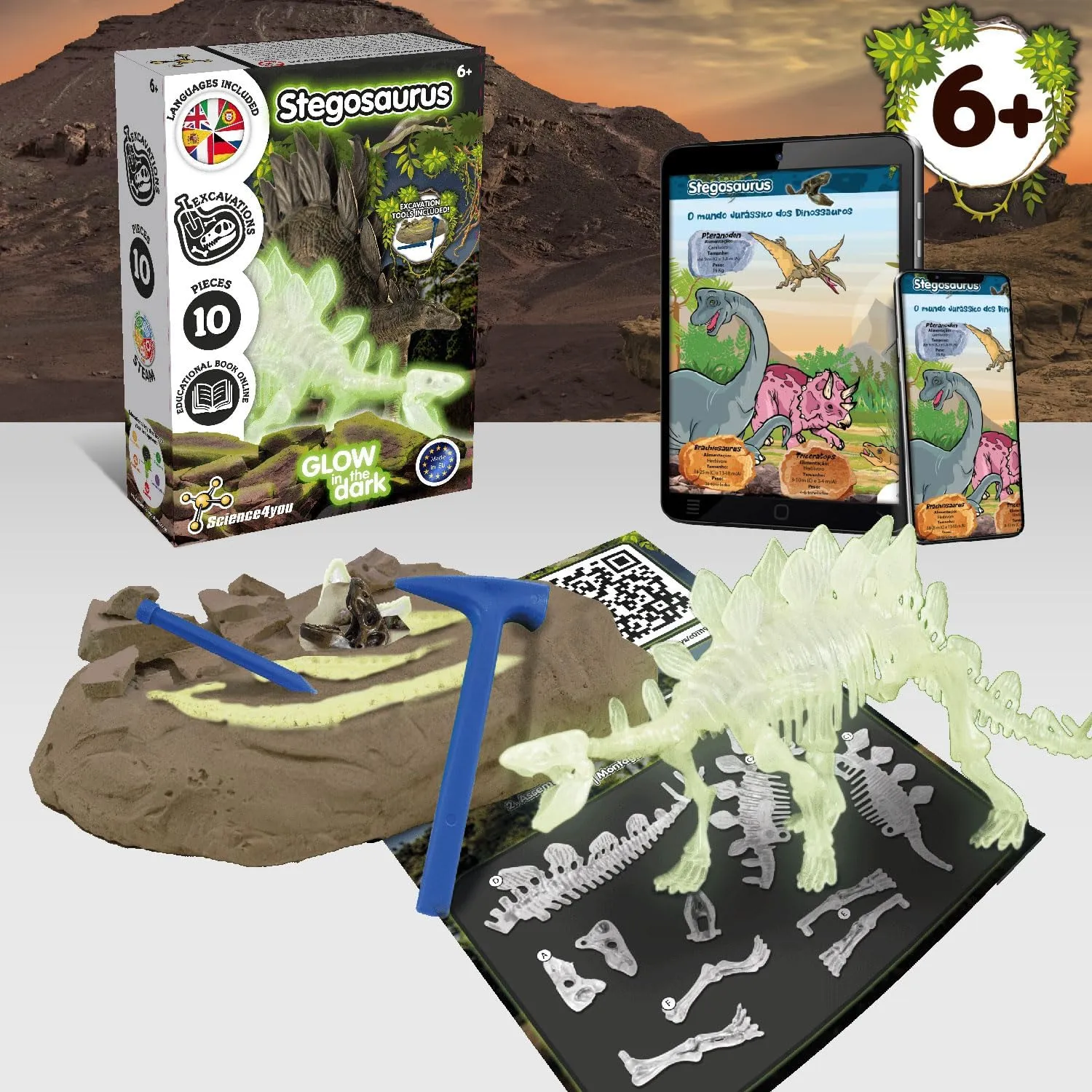 Science4you Stegosaurus Fossil Digging Kit - 6  Years Glow-in-the-Dark (4110)