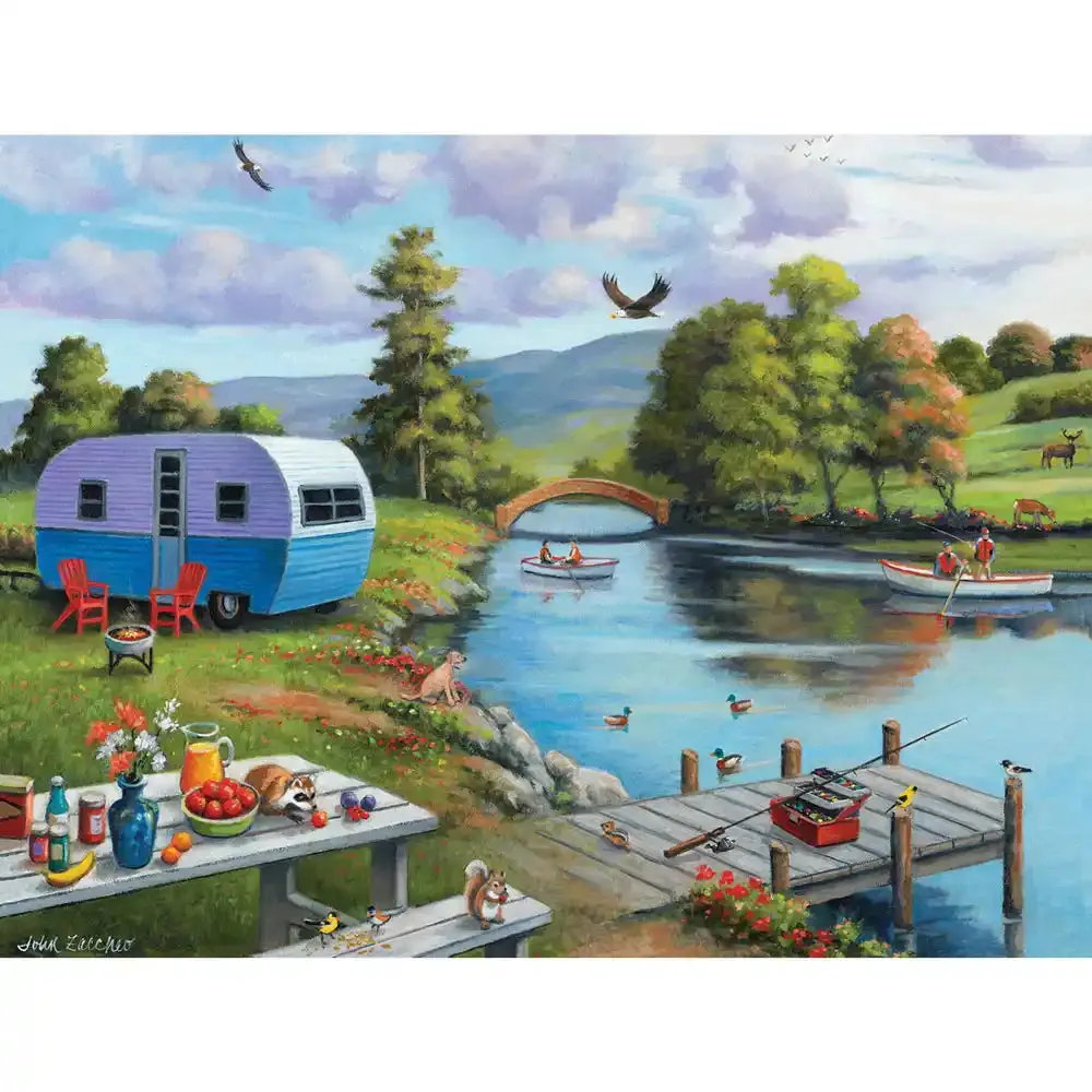 Set of 4: John Zaccheo Jigsaw Puzzles  Serene Lakeside Retreats Bits and Pieces