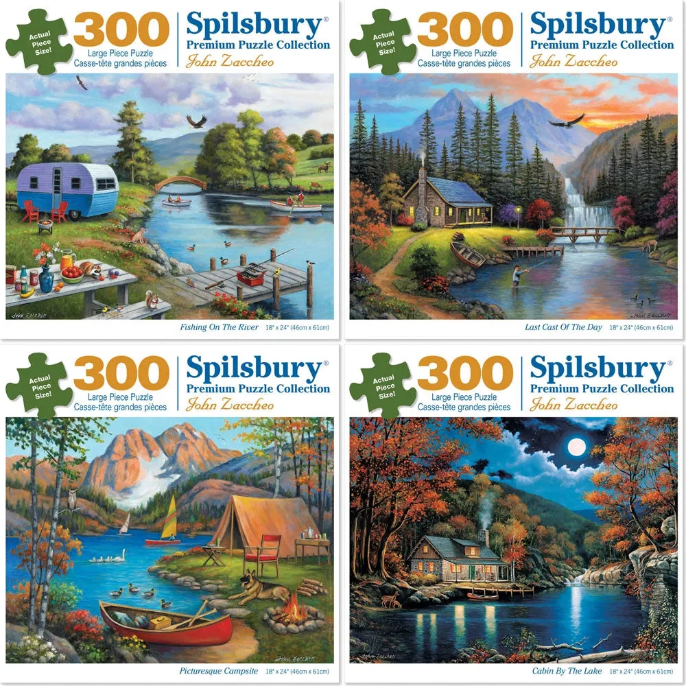 Set of 4: John Zaccheo Jigsaw Puzzles  Serene Lakeside Retreats Bits and Pieces
