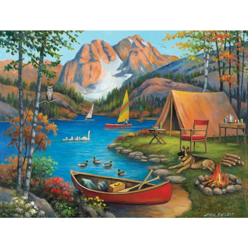 Set of 4: John Zaccheo Jigsaw Puzzles  Serene Lakeside Retreats Bits and Pieces