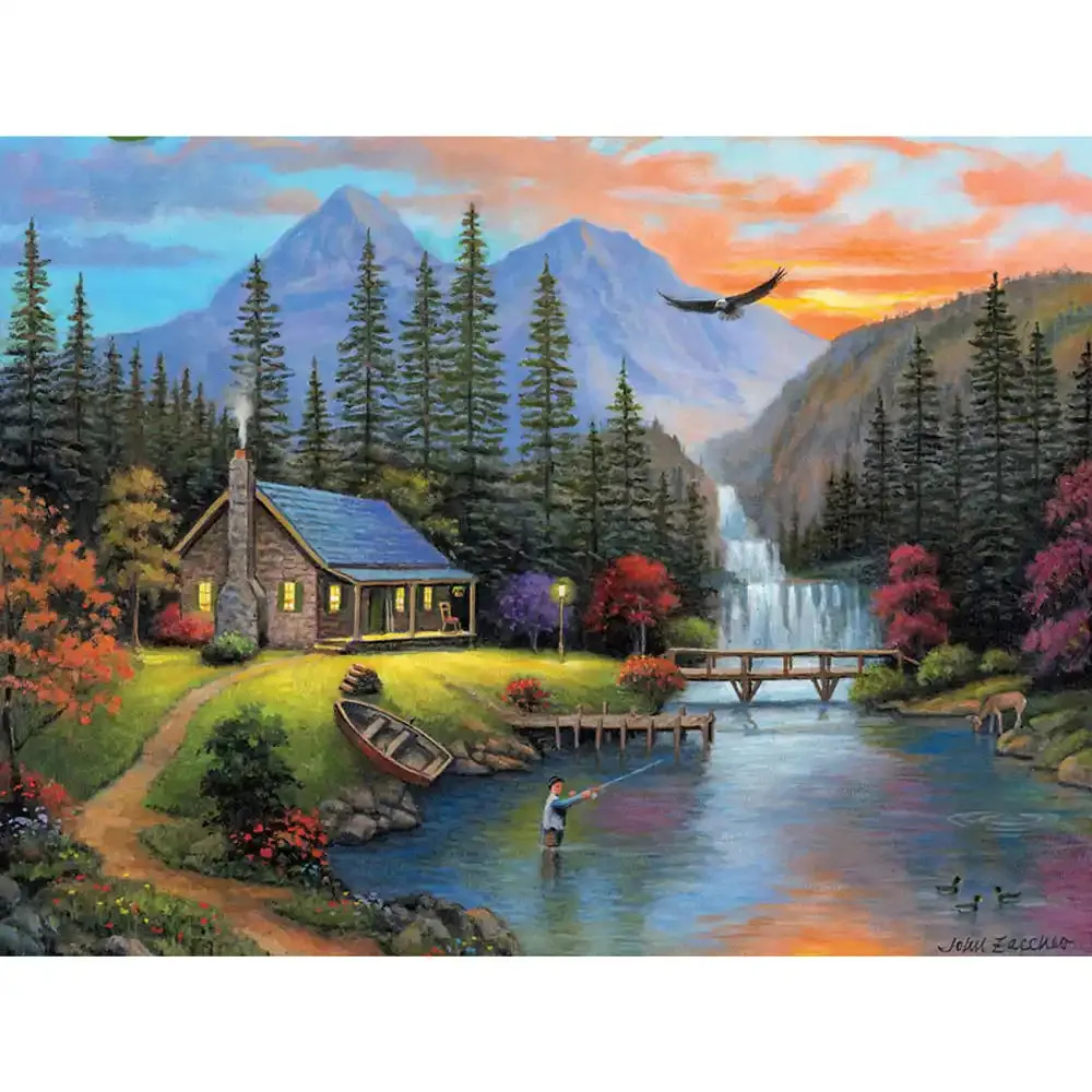 Set of 4: John Zaccheo Jigsaw Puzzles  Serene Lakeside Retreats Bits and Pieces