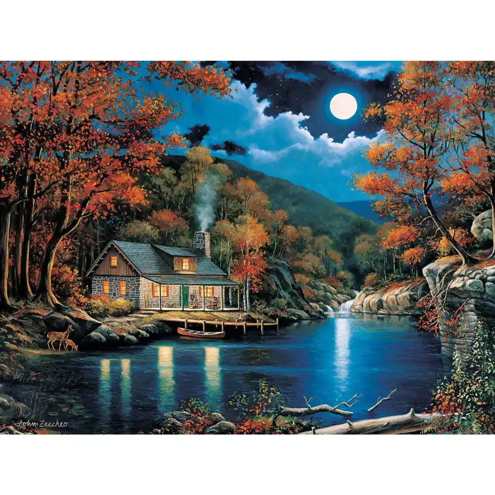 Set of 4: John Zaccheo Jigsaw Puzzles  Serene Lakeside Retreats Bits and Pieces