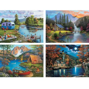 Set of 4: John Zaccheo Jigsaw Puzzles  Serene Lakeside Retreats Bits and Pieces