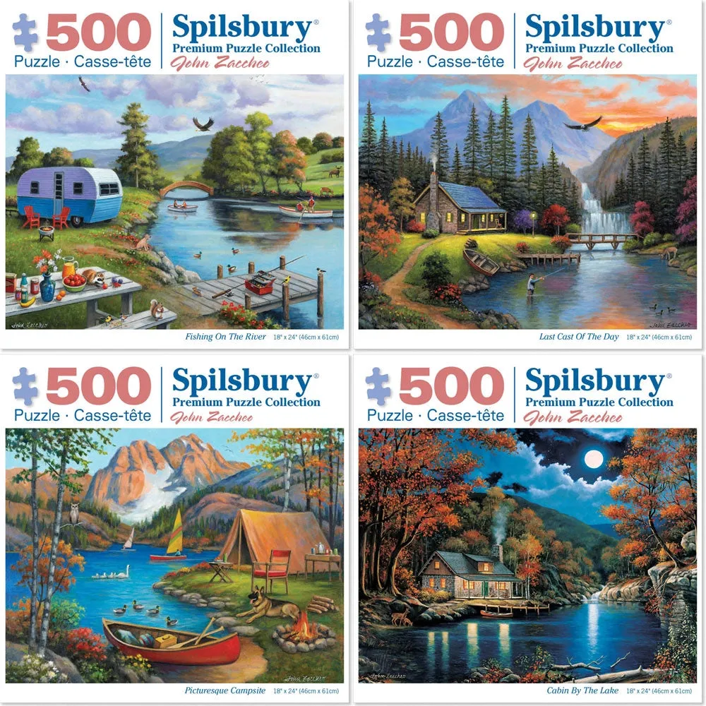 Set of 4: John Zaccheo Jigsaw Puzzles  Serene Lakeside Retreats Bits and Pieces