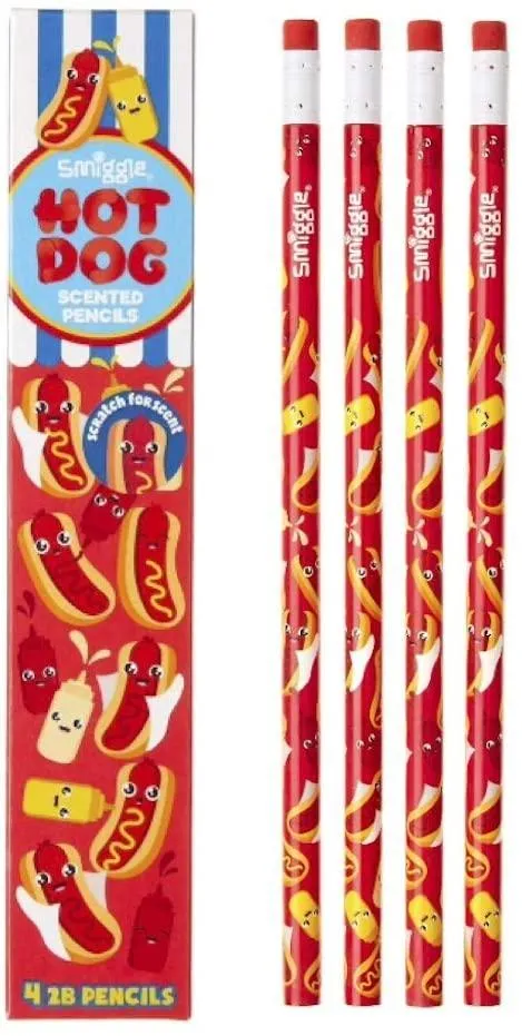 SMIGGLE Pencils x 4 Pack Scented With Eraser Top - Hot Dog Scent