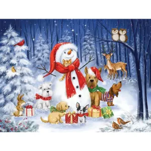 Snowman with Dogs In the Woods Jigsaw Puzzle Bits and Pieces