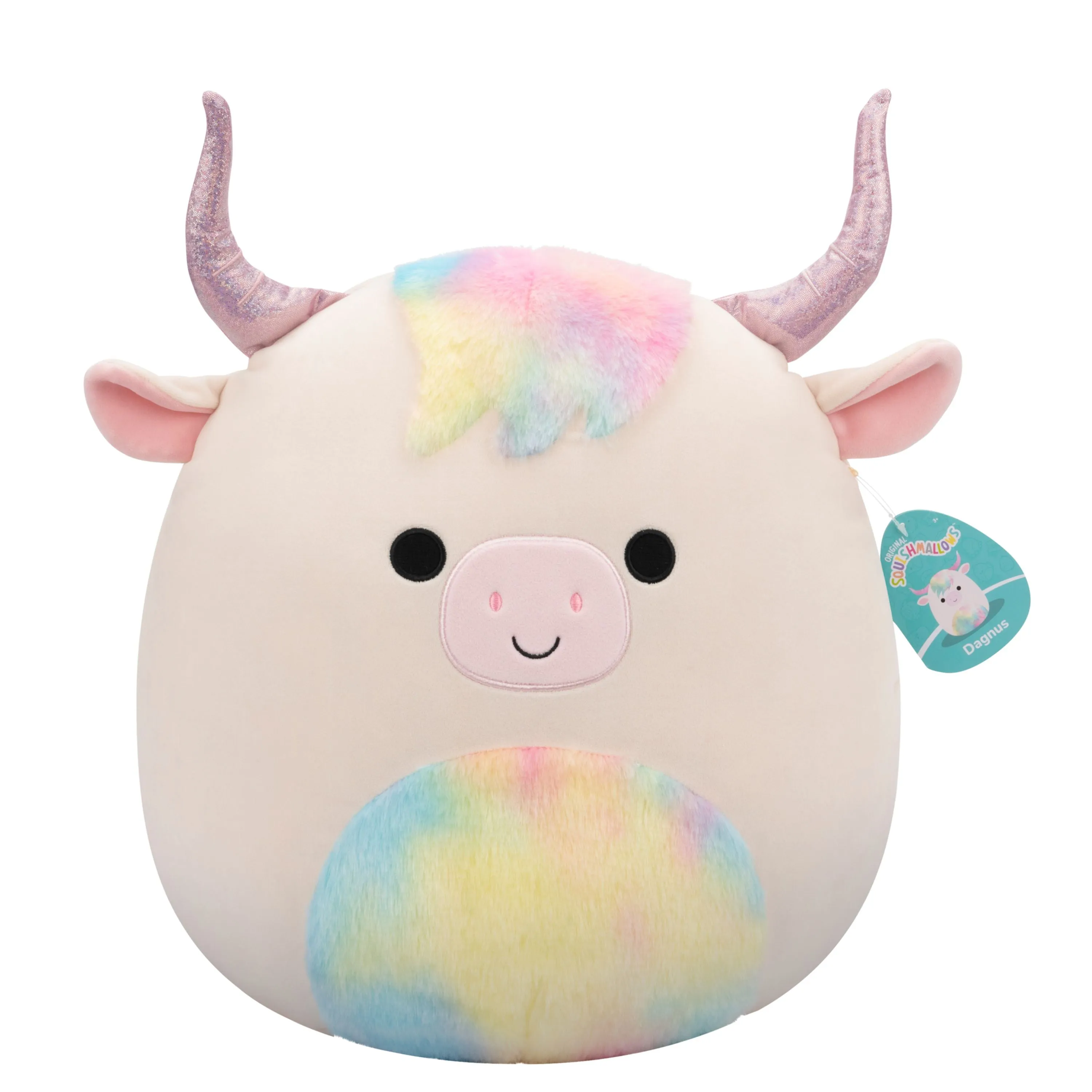 Squishmallows 14 Inch Series 20 Dagnus Tan Highland Cow With Rainbow Tie Dye Belly