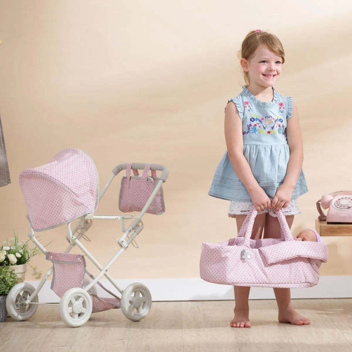 Teamson OL-00003 Dots Princess Baby Doll Deluxe Stroller - Pink & Gray