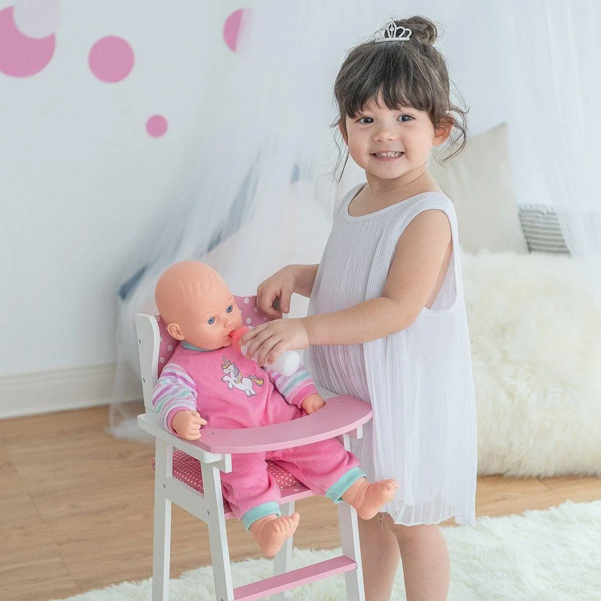 Teamson USA Olivia's Classic Baby Doll High Chair - Pink/White Polka Dot