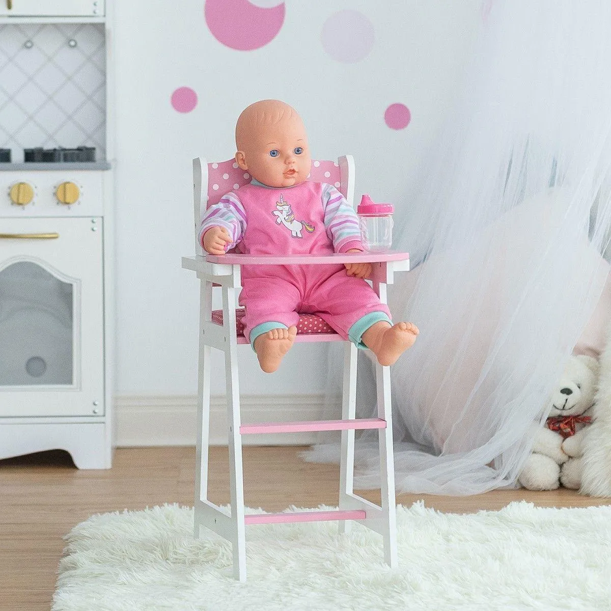 Teamson USA Olivia's Classic Baby Doll High Chair - Pink/White Polka Dot