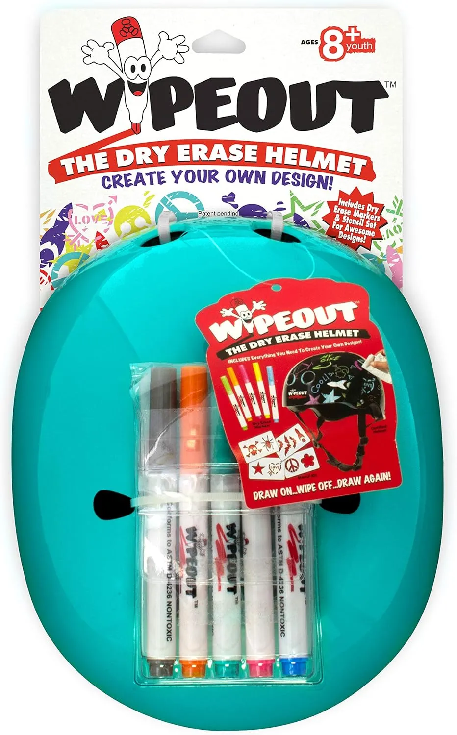 Wipeout Unisex Youth Dry Erase Bike, Skate, and Scooter Helmet with Markers and Stencil Kit, Teal Blue, Ages 5 