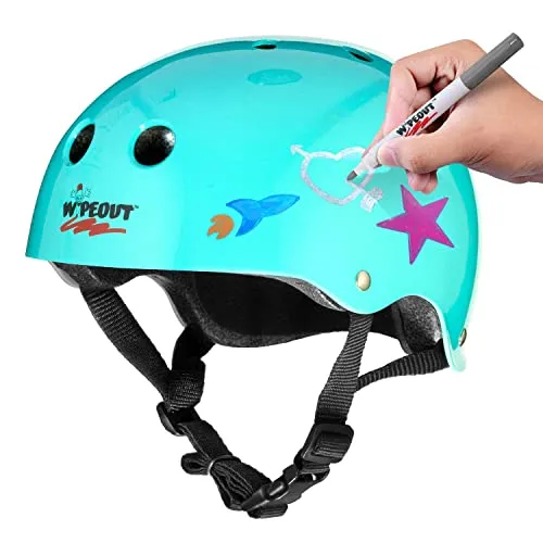 Wipeout Unisex Youth Dry Erase Bike, Skate, and Scooter Helmet with Markers and Stencil Kit, Teal Blue, Ages 5 