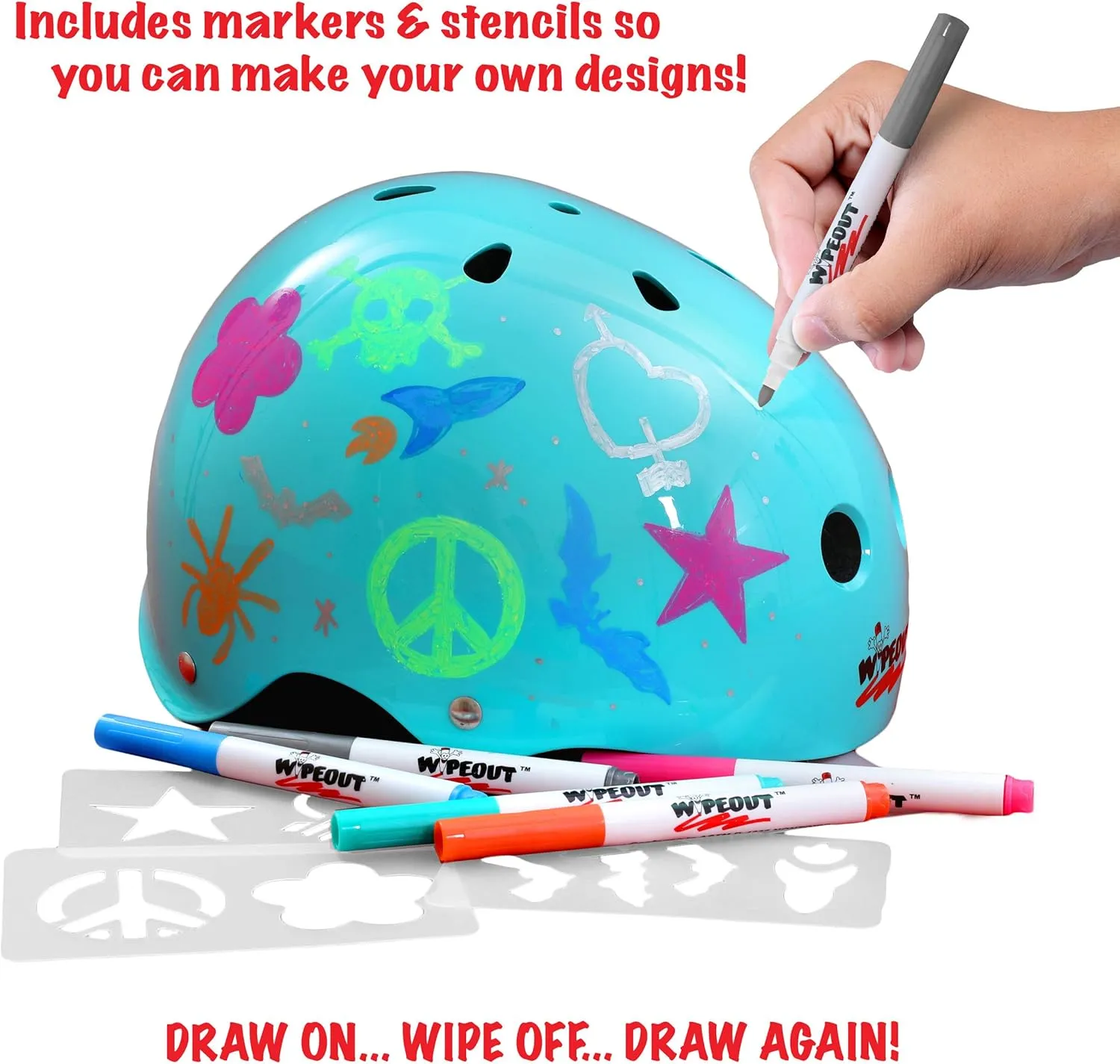 Wipeout Unisex Youth Dry Erase Bike, Skate, and Scooter Helmet with Markers and Stencil Kit, Teal Blue, Ages 5 